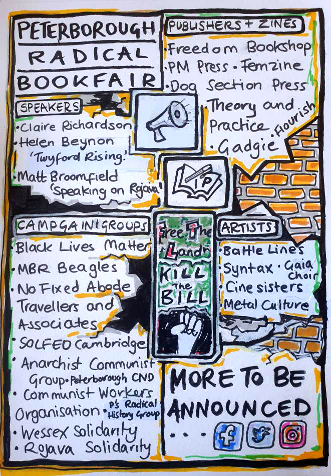 Peterborough Radical Bookfair. Speakers: Claire Richardson, Helen Beynon ‘Twyford Rising’, Matt Broomfield ‘Speaking on Rojava’. Campaign groups: MBR Beagles, No Fixed Abode Travellers and Associates, Solfed Cambridge, Anarchist Communist Group, Communist Workers Organisation, Peterborough Radical History Group, Wessex Solidarity, Rojava Solidarity. Publishers and Zines: Freedom Press, PM Press, Femzine, Dog Section Press, Theory and Practice, Flourish, Gadgie. Artists: Battle Lines, Syntax, Cine Sisters, Metal Culture, Gaia Choir. More to be announced.